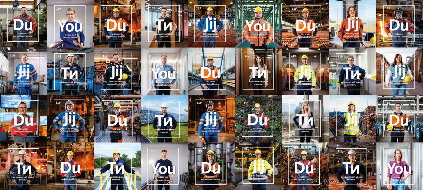 Photo: Aurubis: A collage of several pictures of employees, each with a lettering on the picture
